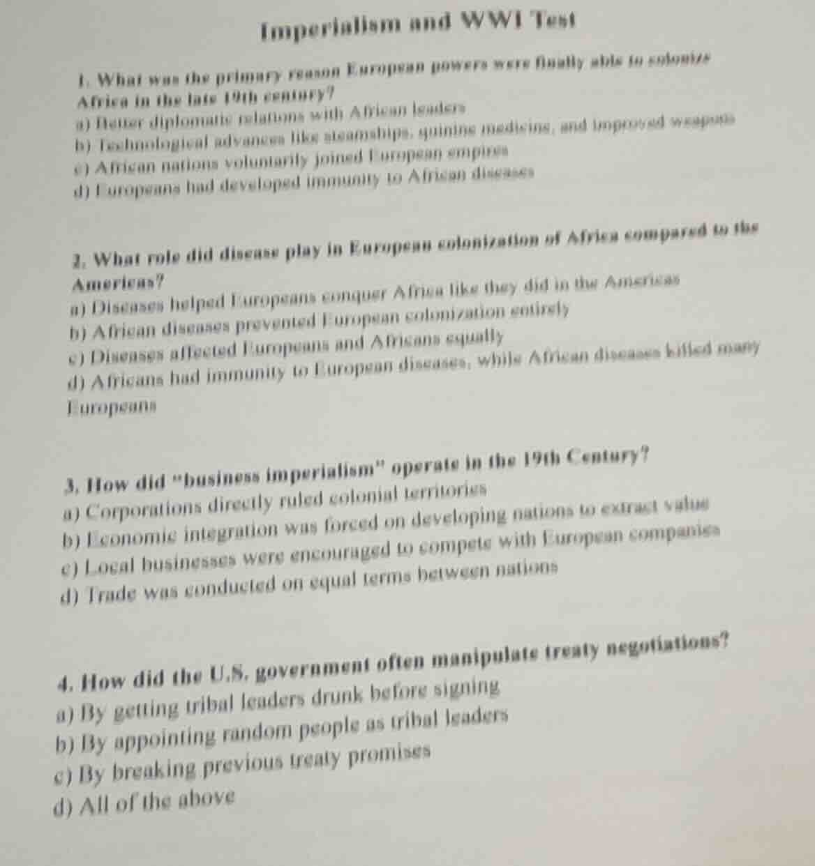 imperialism and wwi test 1. what was the primary reason european powers…