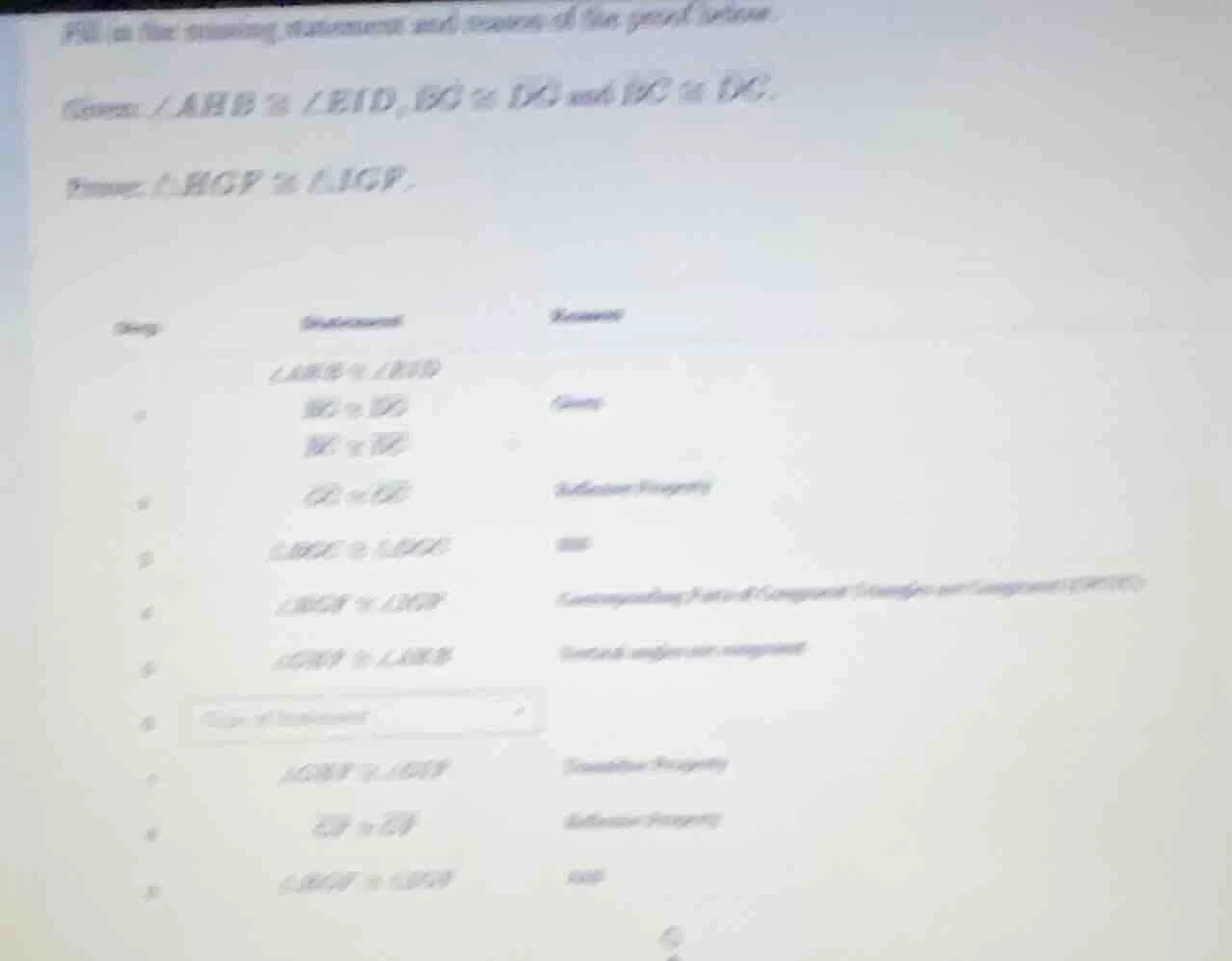 fill in the missing statement and reason of the proof below.given: $ang…