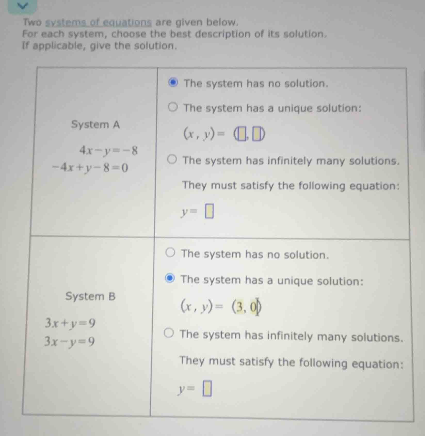 two systems of equations are given below. for each system, choose the b…