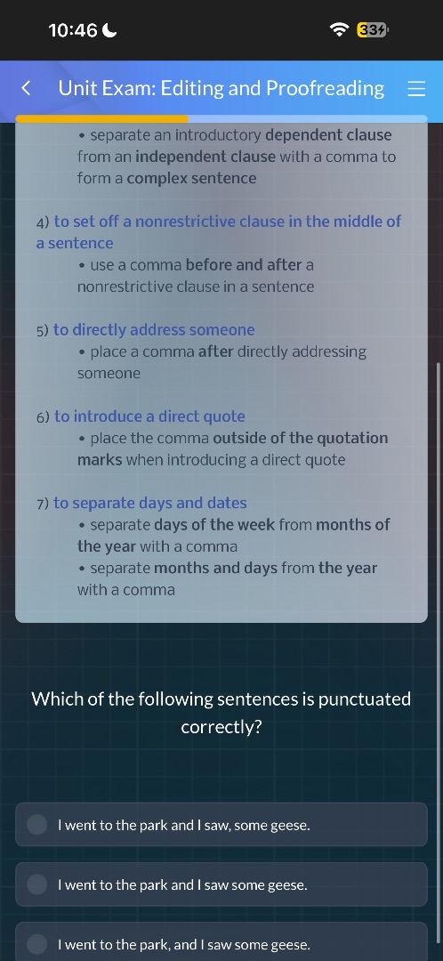 unit exam: editing and proofreading• separate an introductory dependent…