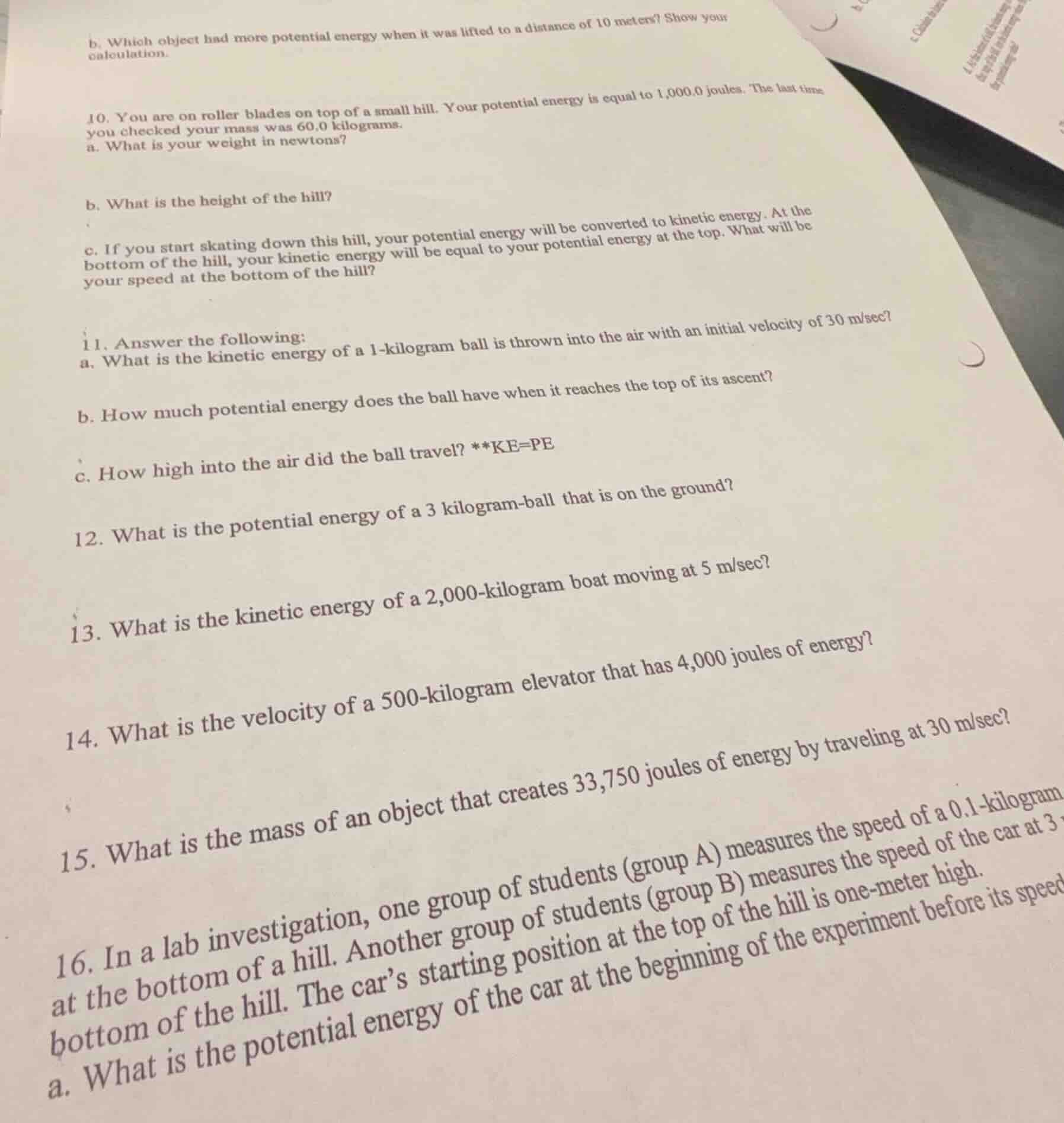 b. which object had more potential energy when it was lifted to a dista…