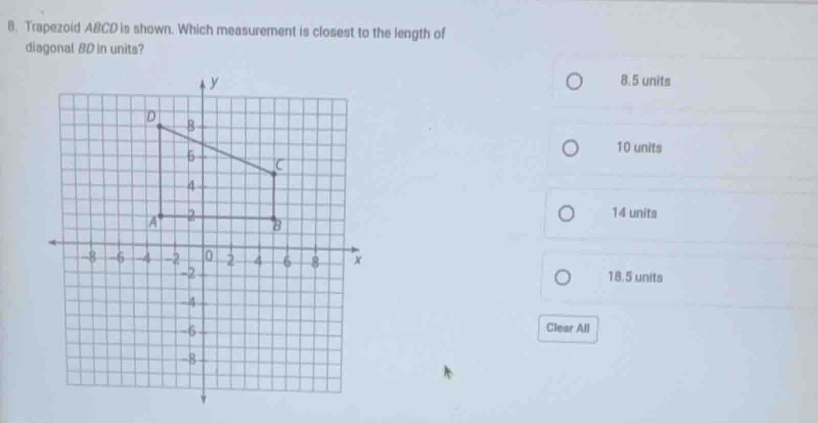 8. trapezoid abcd is shown. which measurement is closest to the length …