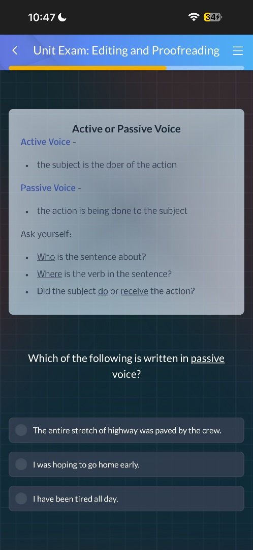 unit exam: editing and proofreading active or passive voice active voic…