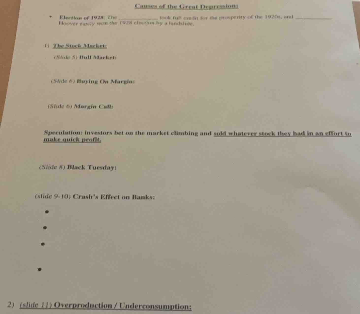 causes of the great depression:• election of 1928: the __________ took …