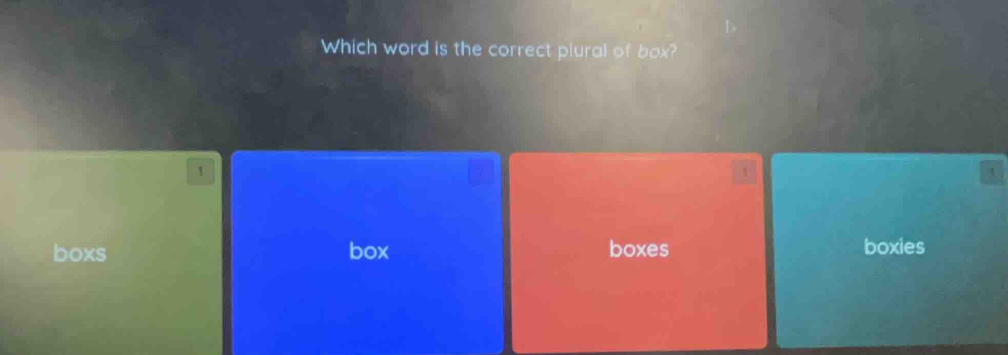 which word is the correct plural of box? boxs box boxes boxies