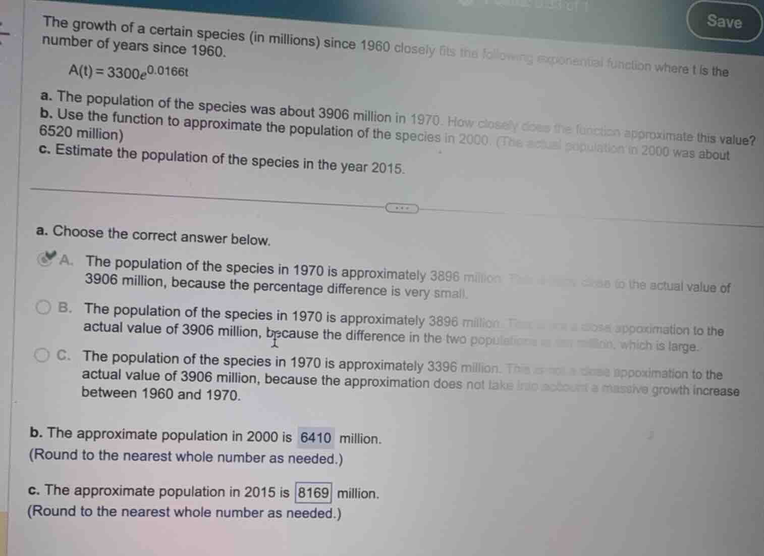 the growth of a certain species (in millions) since 1960 closely fits t…