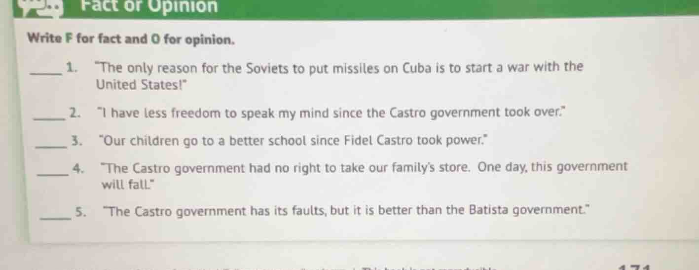 fact or opinion write f for fact and o for opinion. ____ 1. \the only r…