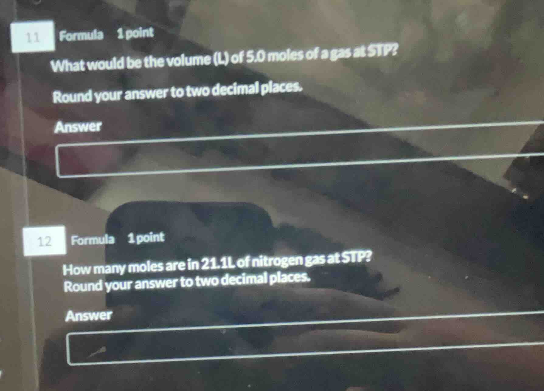 11 formula 1 point what would be the volume (l) of 5.0 moles of a gas a…