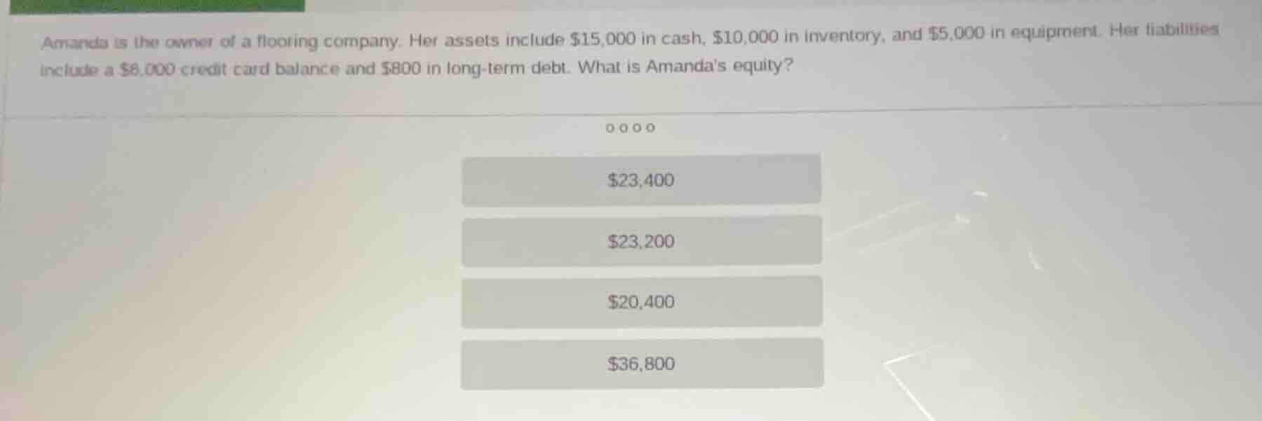 amanda is the owner of a flooring company. her assets include $15,000 i…