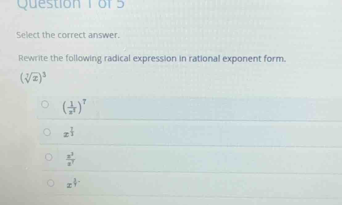 question 1 of 5 select the correct answer. rewrite the following radica…