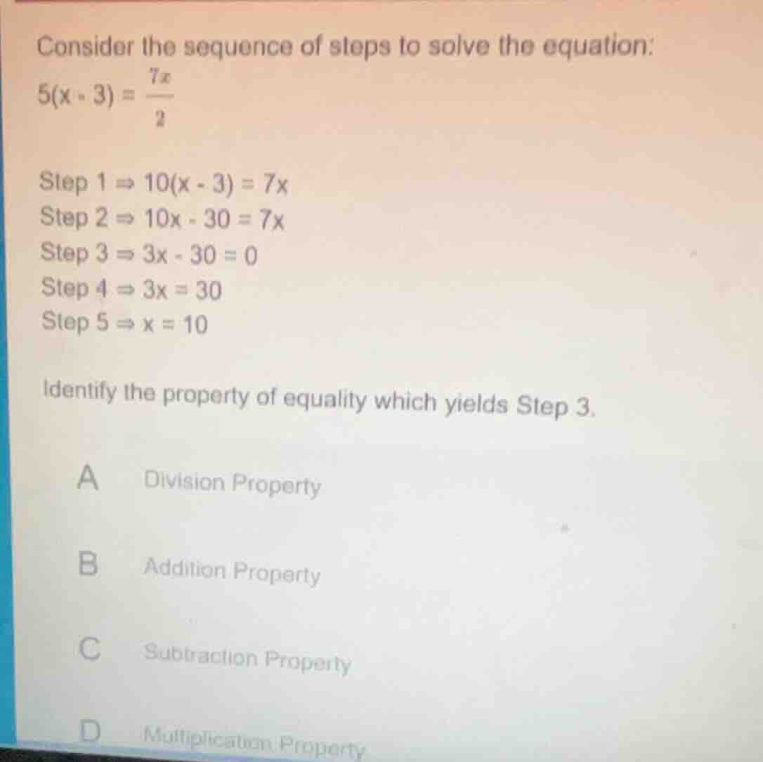 consider the sequence of steps to solve the equation: $5(x - 3) = \\fra…