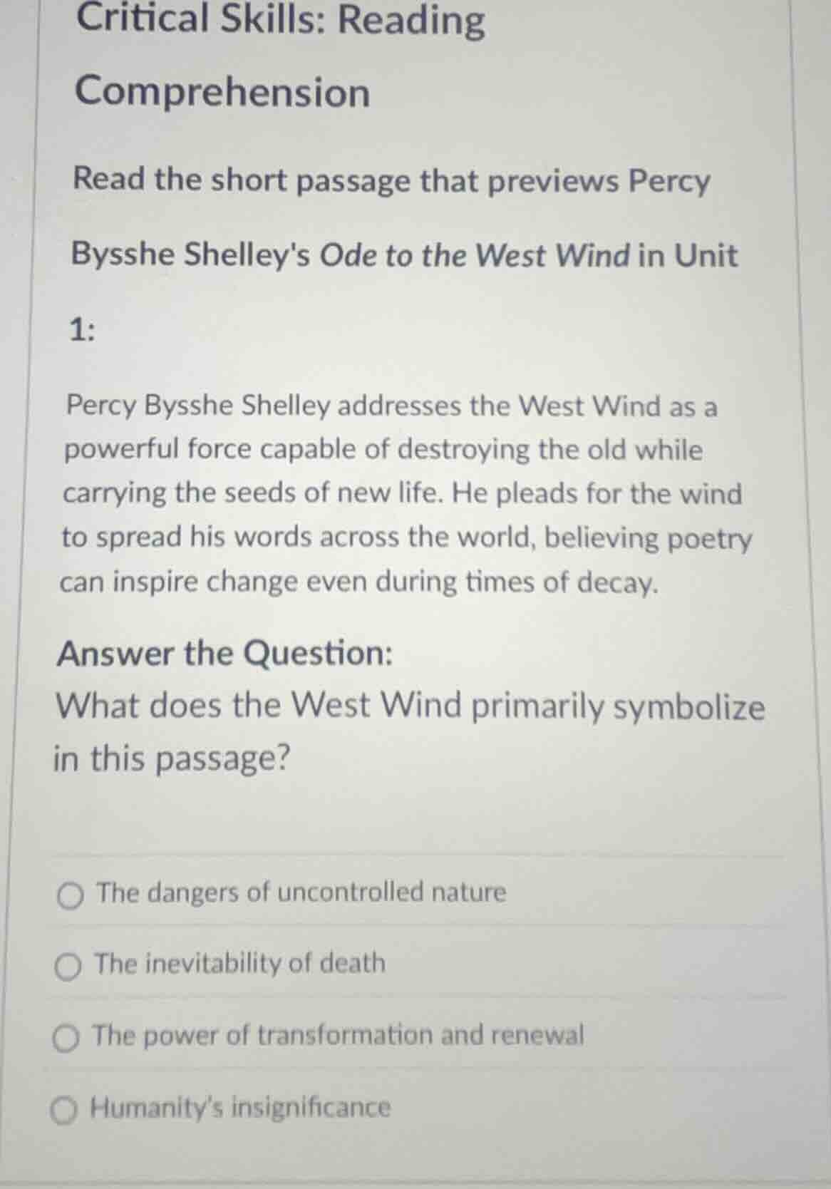 critical skills: reading comprehension read the short passage that prev…