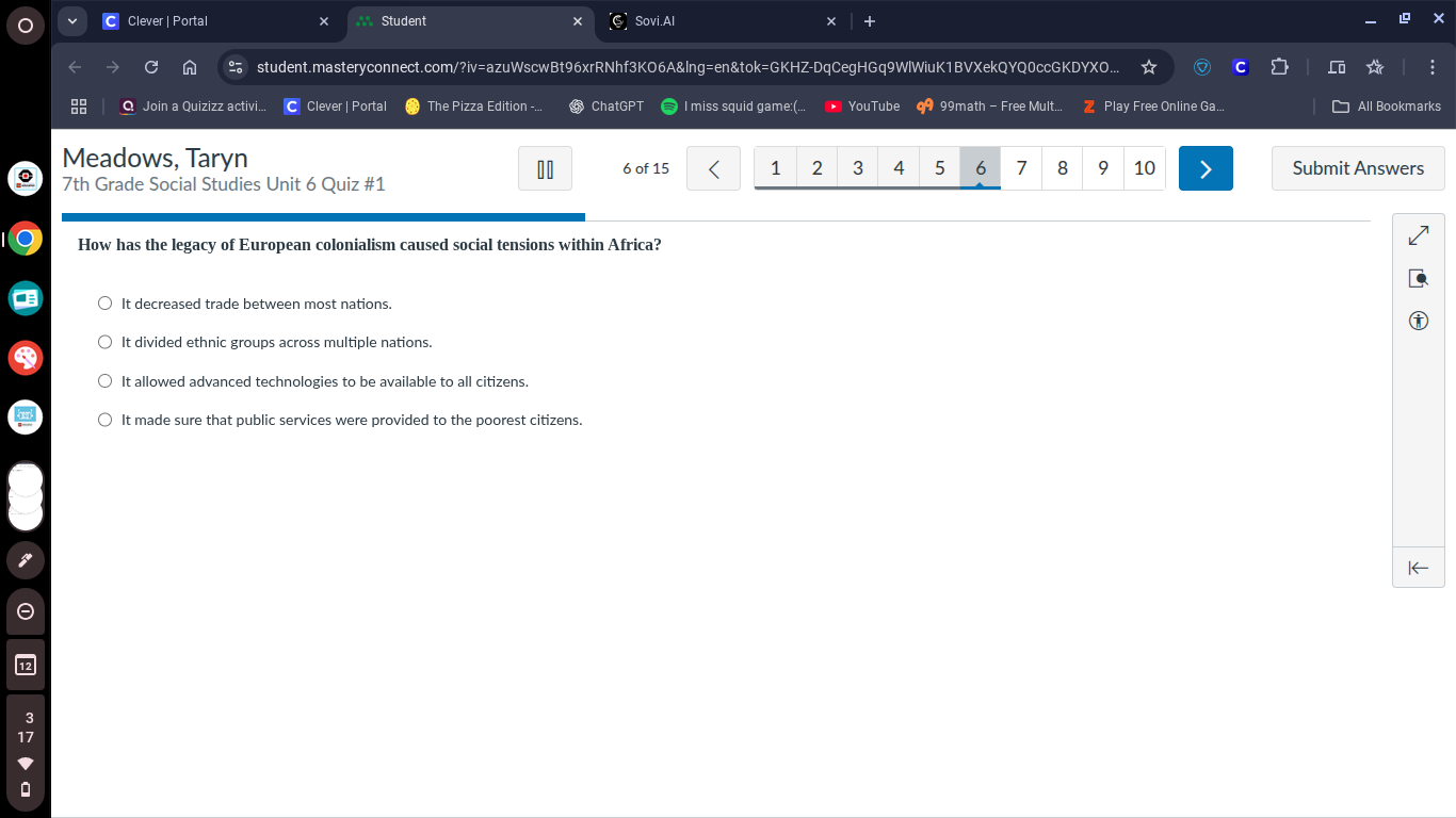 meadows, taryn 7th grade social studies unit 6 quiz #1 6 of 15 how has …