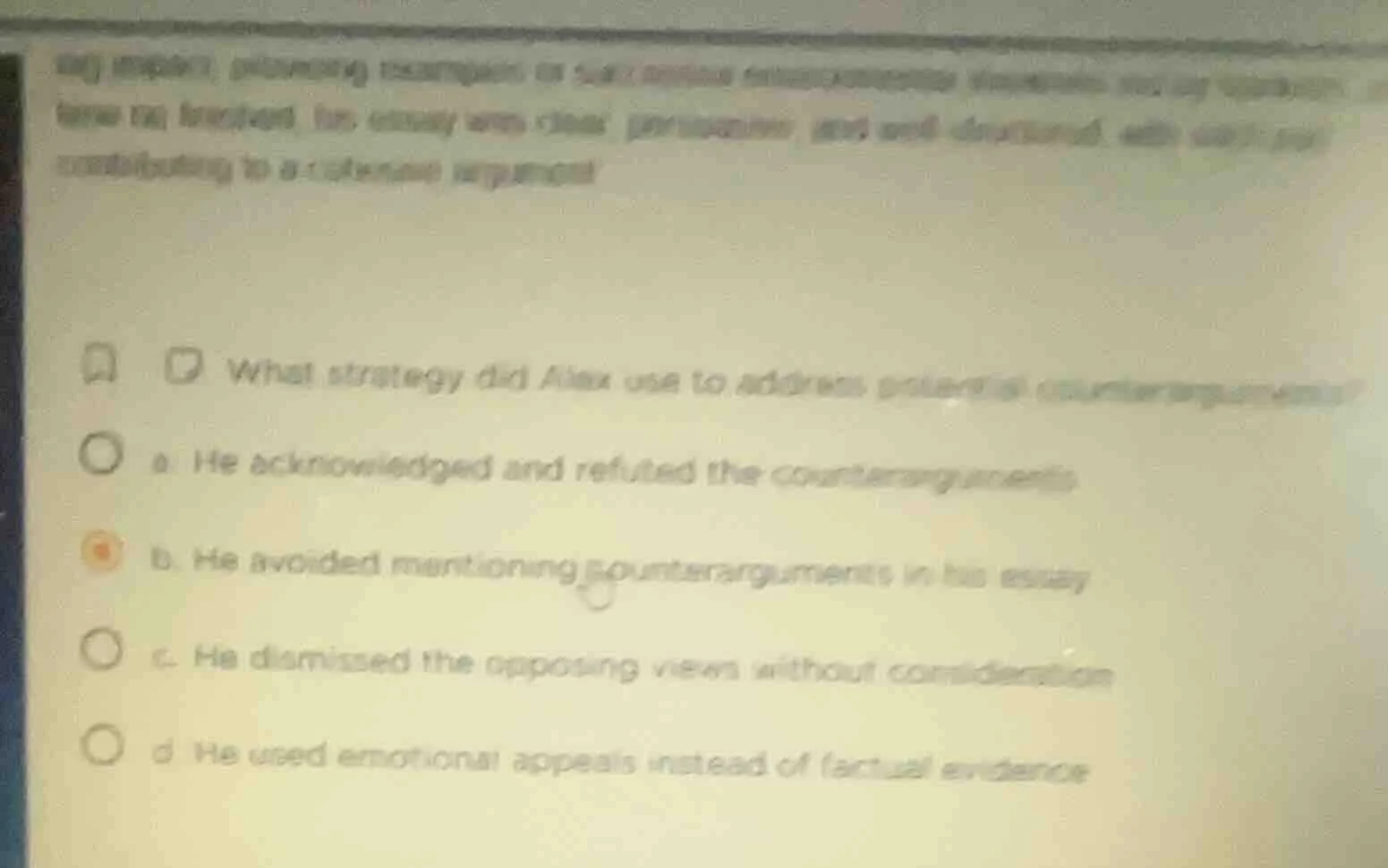 what strategy did alex use to address potential counterarguments? a. he…