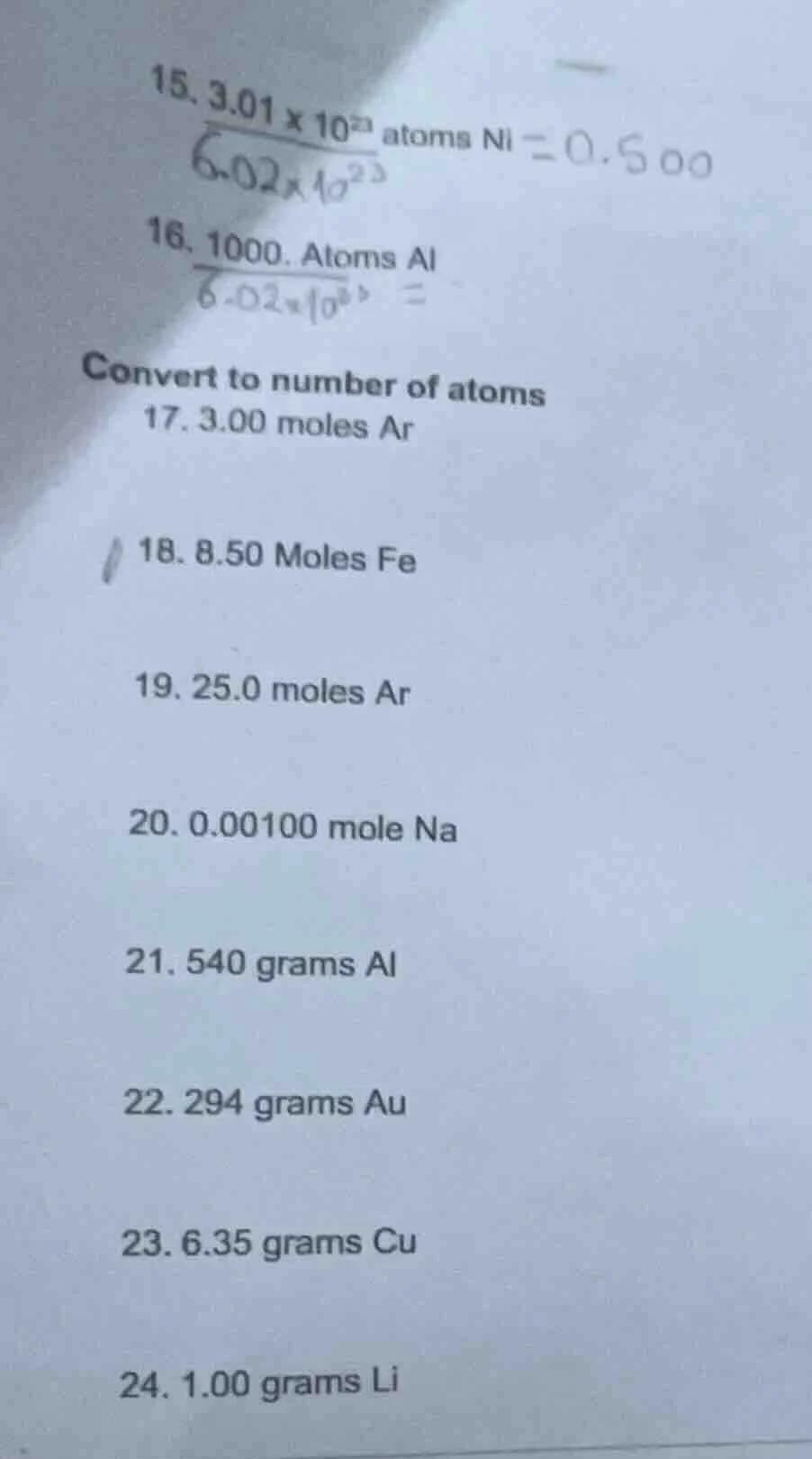 15. $\frac{3.01 \times 10^{23}}{6.02 \times 10^{23}}$ atoms ni = 0.500 …