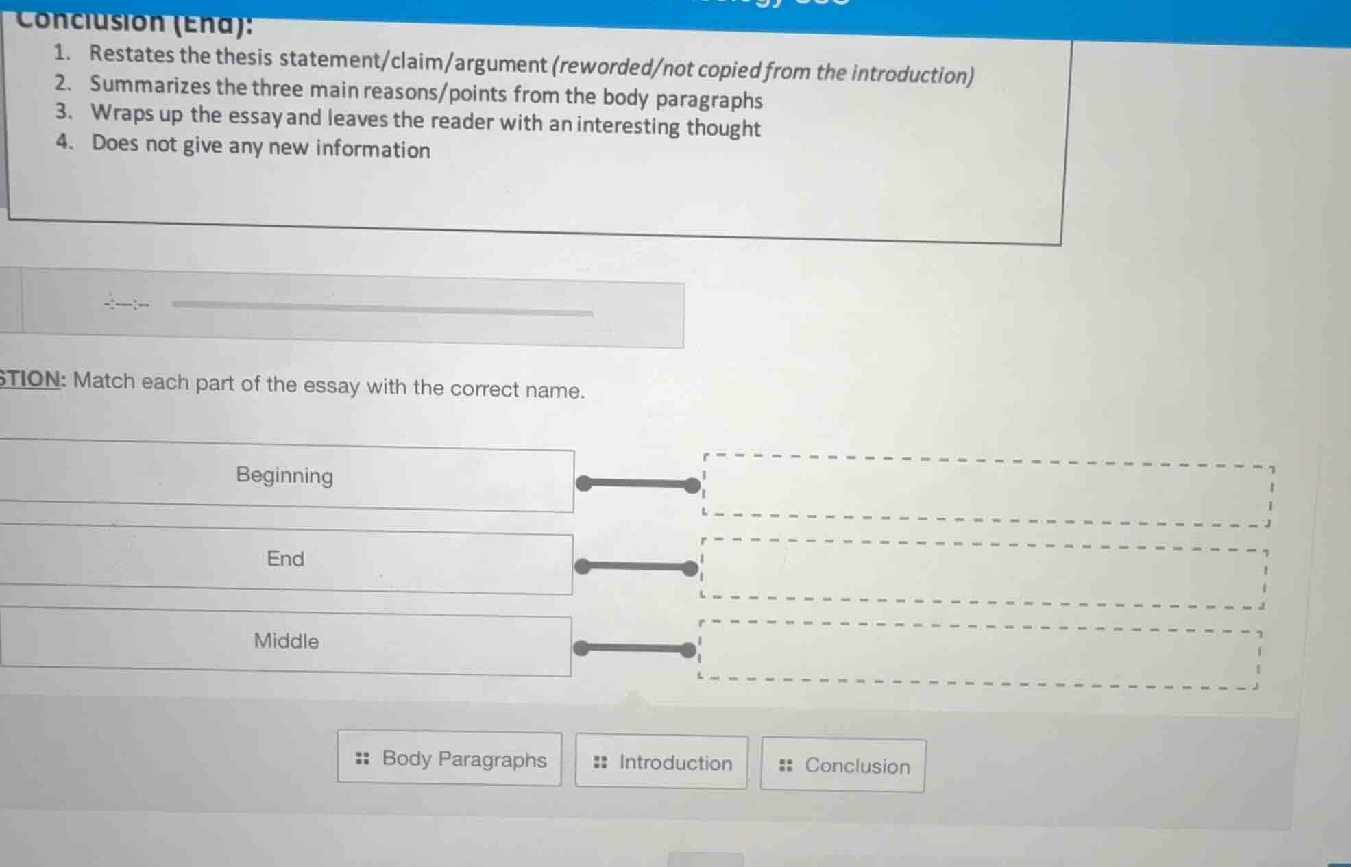 conclusion (end):1. restates the thesis statement/claim/argument (rewor…