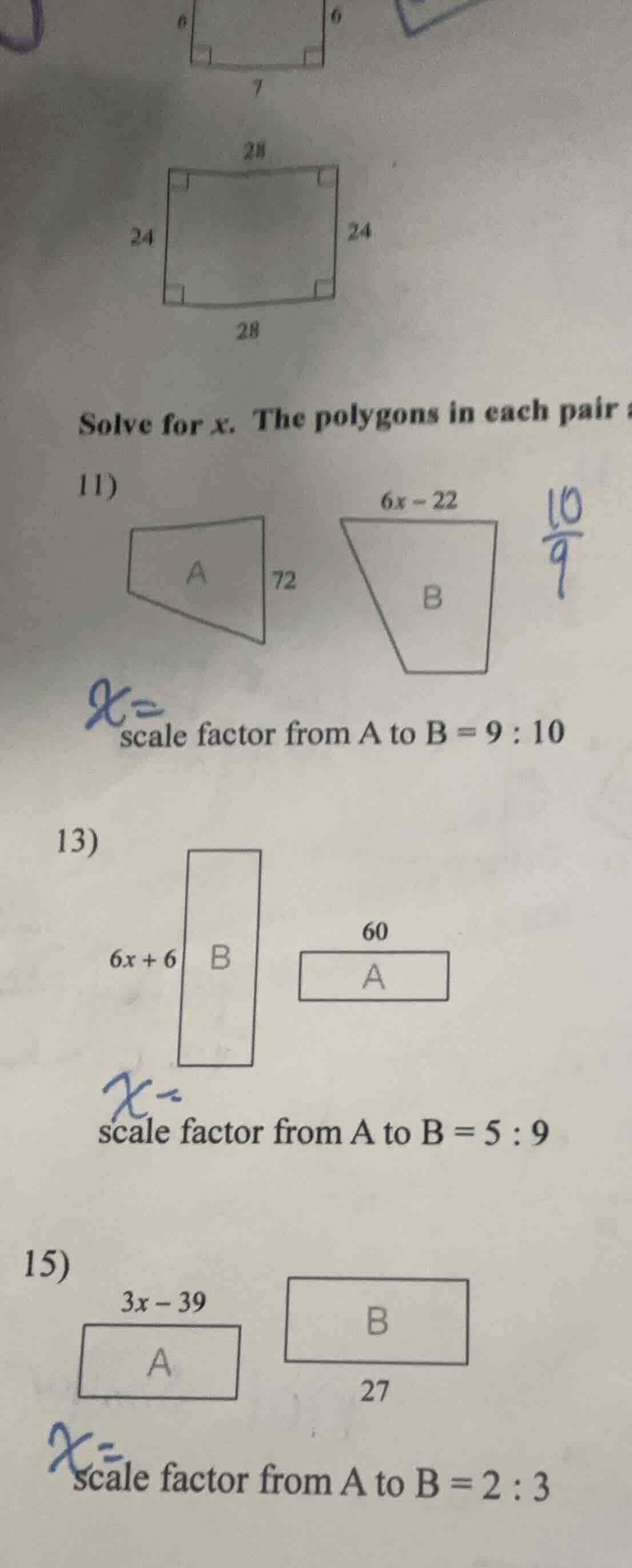 solve for $x$. the polygons in each pair11)scale factor from a to b = $…