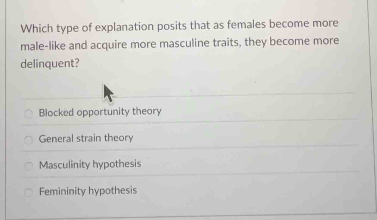 which type of explanation posits that as females become more male-like and acquire more masculine traits, they become more delinquent?\nblocked opportunity theory\ngeneral strain theory\nmasculinity hypothesis\nfemininity hypothesis