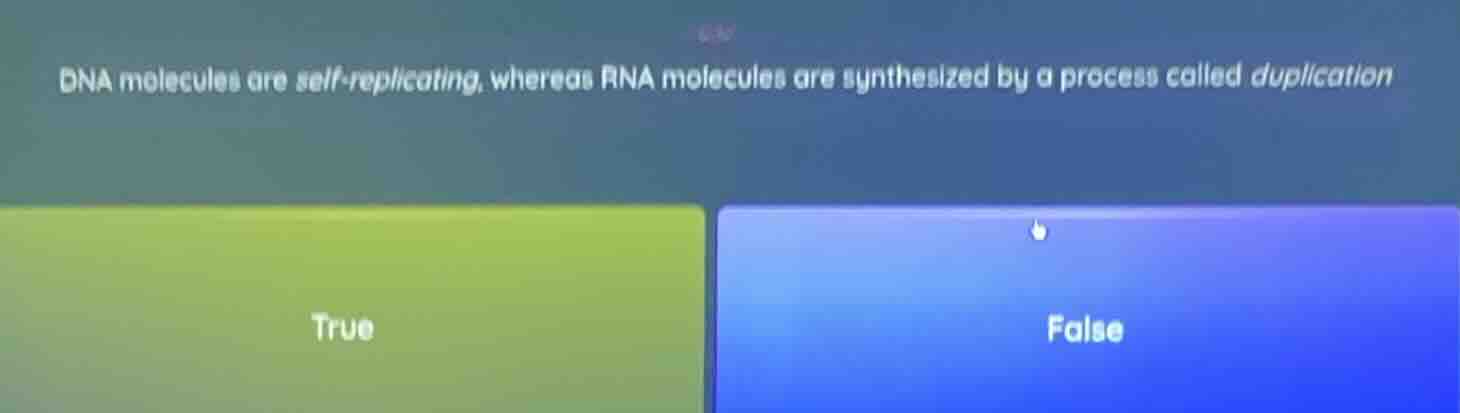 dna molecules are self-replicating, whereas rna molecules are synthesized by a process called duplication\ntrue\nfalse