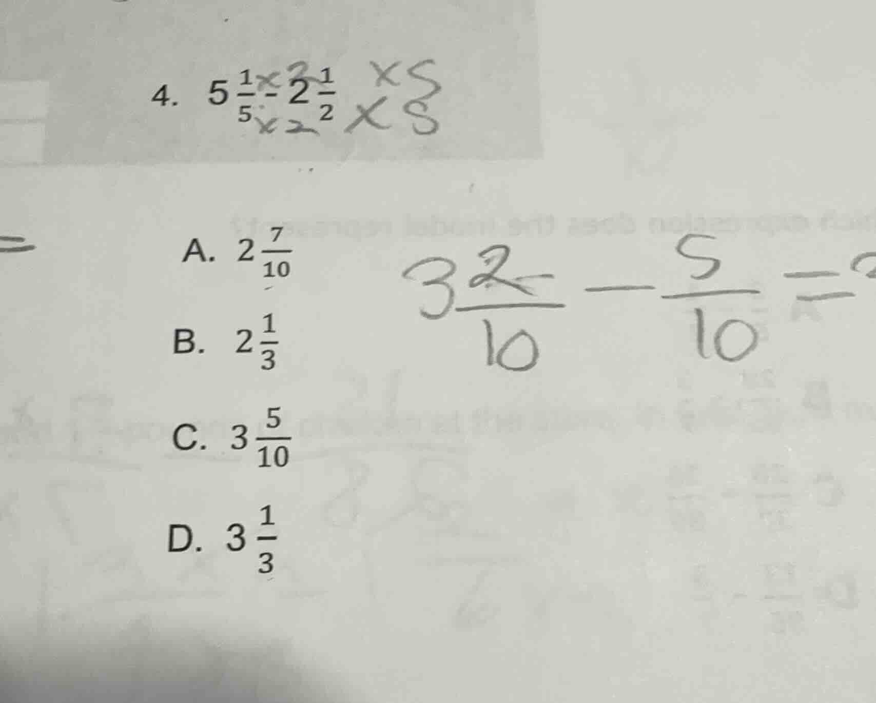 4. $5\\frac{1}{5}-2\\frac{1}{2}$\na. $2\\frac{7}{10}$\nb. $2\\frac{1}{3}$\nc. $3\\frac{5}{10}$\nd. $3\\frac{1}{3}$