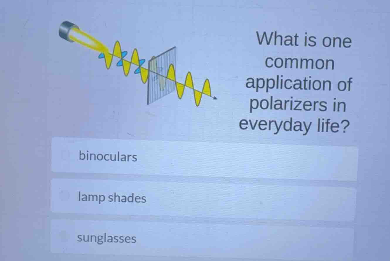 what is one common application of polarizers in everyday life?\nbinoculars\nlamp shades\nsunglasses