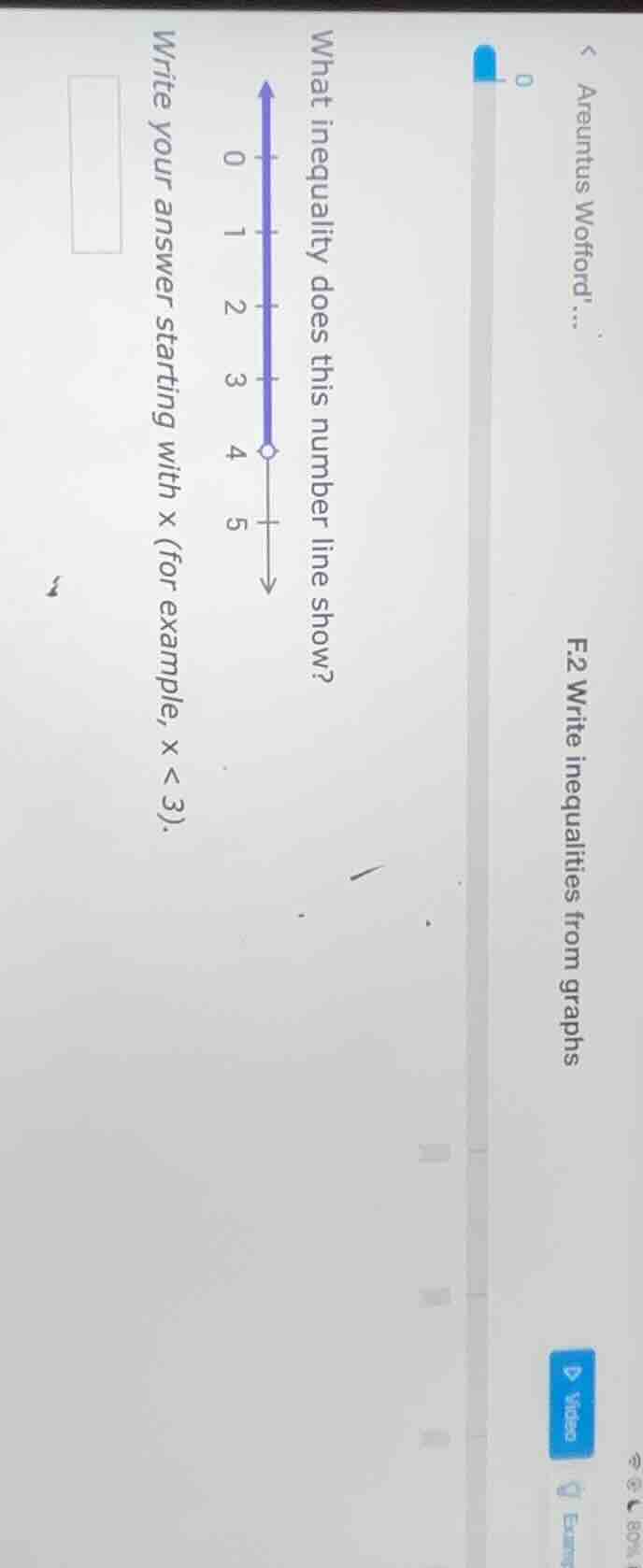 f.2 write inequalities from graphs\nwhat inequality does this number line show?\nwrite your answer starting with x (for example, x < 3).