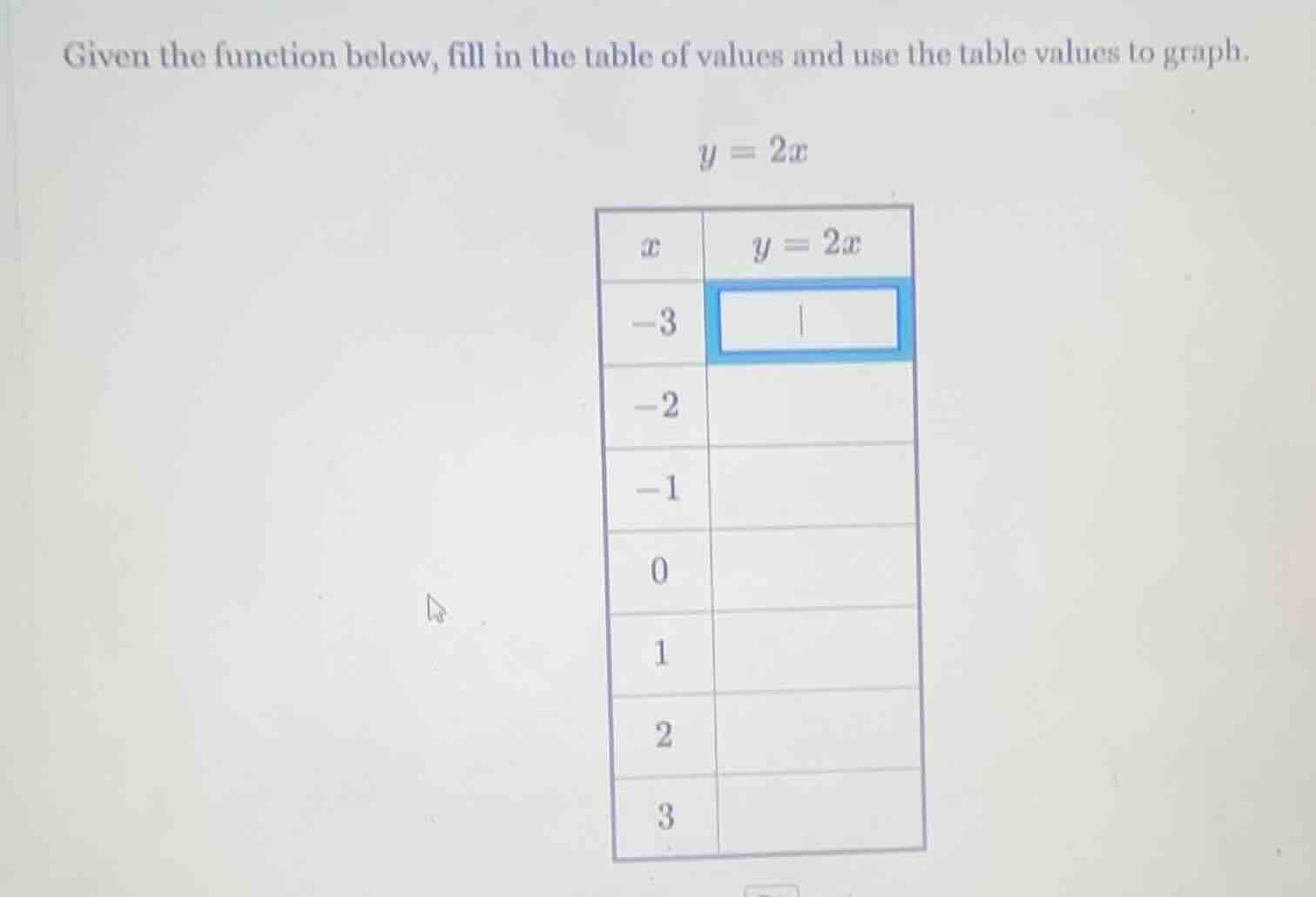 given the function below, fill in the table of values and use the table values to graph. \n$y = 2x$\n| $x$ | $y=2x$ |\n| ---- | ---- |\n| $-3$ | |\n| $-2$ | |\n| $-1$ | |\n| $0$ | |\n| $1$ | |\n| $2$ | |\n| $3$ | |