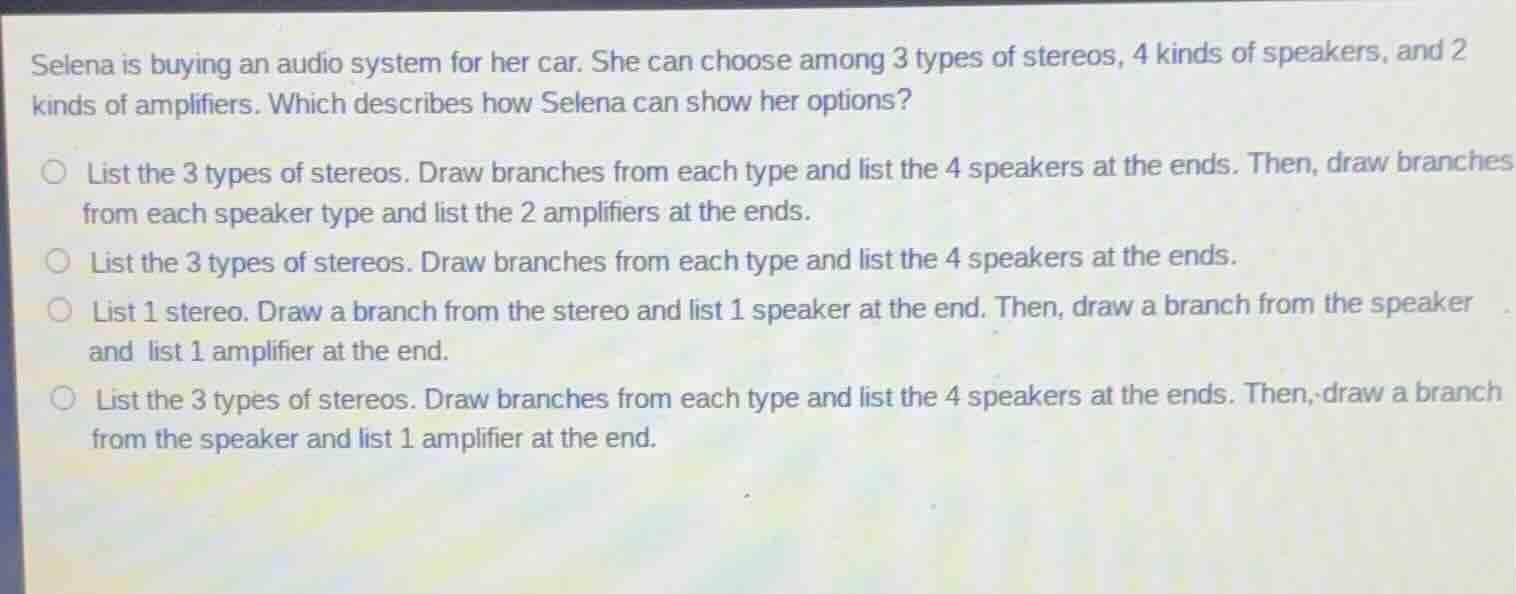 selena is buying an audio system for her car. she can choose among 3 types of stereos, 4 kinds of speakers, and 2 kinds of amplifiers. which describes how selena can show her options?○ list the 3 types of stereos. draw branches from each type and list the 4 speakers at the ends. then, draw branches from each speaker type and list the 2 amplifiers at the ends.○ list the 3 types of stereos. draw branches from each type and list the 4 speakers at the ends.○ list 1 stereo. draw a branch from the stereo and list 1 speaker at the end. then, draw a branch from the speaker and list 1 amplifier at the end.○ list the 3 types of stereos. draw branches from each type and list the 4 speakers at the ends. then, draw a branch from the speaker and list 1 amplifier at the end.