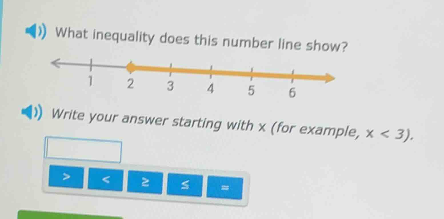 what inequality does this number line show?\nwrite your answer starting with x (for example, $x < 3$).
