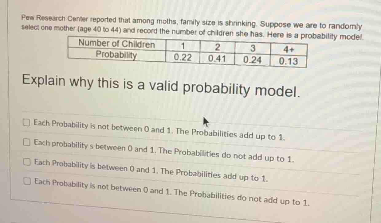 pew research center reported that among moths, family size is shrinking. suppose we are to randomly select one mother (age 40 to 44) and record the number of children she has. here is a probability model.\nnumber of children 1 2 3 4+\nprobability 0.22 0.41 0.24 0.13\nexplain why this is a valid probability model.\n□ each probability is not between 0 and 1. the probabilities add up to 1.\n□ each probability s between 0 and 1. the probabilities do not add up to 1.\n□ each probability is between 0 and 1. the probabilities add up to 1.\n□ each probability is not between 0 and 1. the probabilities do not add up to 1.
