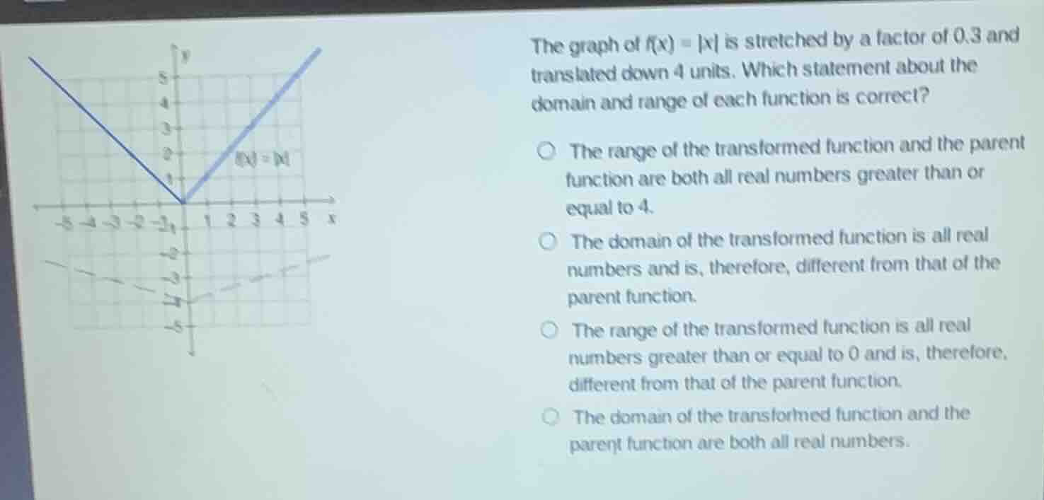 the graph of $f(x) = |x|$ is stretched by a factor of 0.3 and translated down 4 units. which statement about the domain and range of each function is correct?\n○ the range of the transformed function and the parent function are both all real numbers greater than or equal to 4.\n○ the domain of the transformed function is all real numbers and is, therefore, different from that of the parent function.\n○ the range of the transformed function is all real numbers greater than or equal to 0 and is, therefore, different from that of the parent function.\n○ the domain of the transformed function and the parent function are both all real numbers.