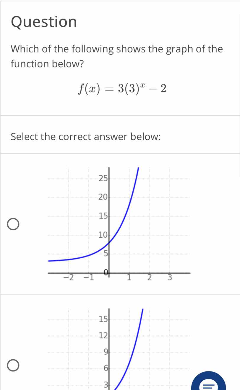 question\nwhich of the following shows the graph of the function below?\n$f(x)=3(3)^x - 2$\nselect the correct answer below: