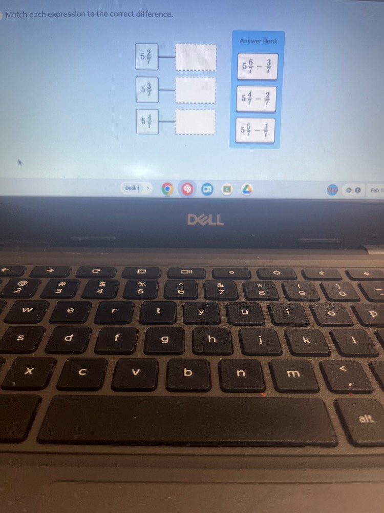 match each expression to the correct difference.\n$5\\frac{2}{7}$\n$5\\frac{3}{7}$\n$5\\frac{4}{7}$\nanswer bank\n$5\\frac{6}{7}-\\frac{3}{7}$\n$5\\frac{4}{7}-\\frac{2}{7}$\n$5\\frac{5}{7}-\\frac{1}{7}$