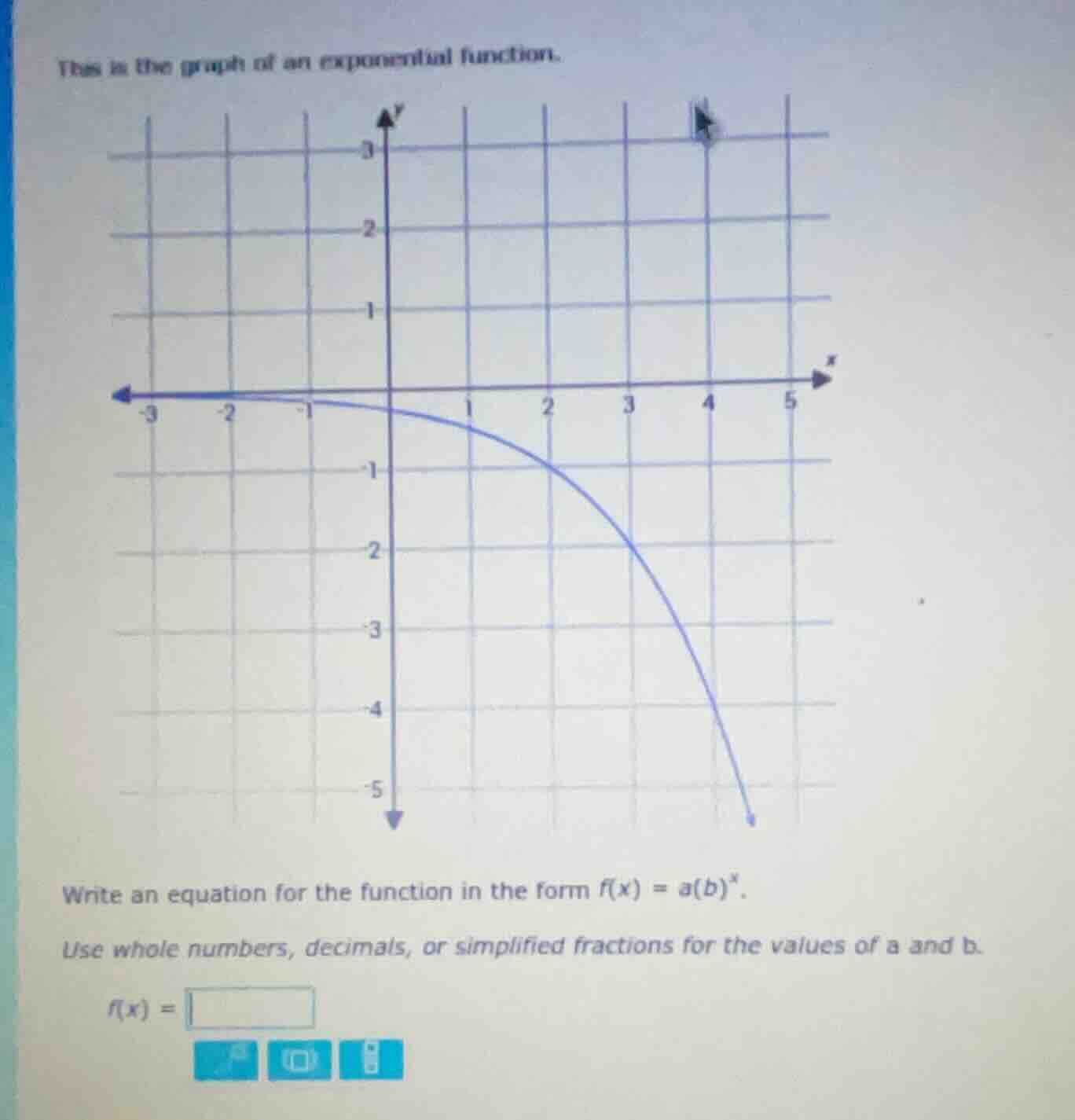this is the graph of an exponential function.\nwrite an equation for the function in the form $f(x) = a(b)^x$.\nuse whole numbers, decimals, or simplified fractions for the values of a and b.\n$f(x) = \\square$