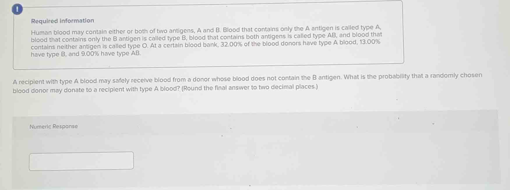 required information\nhuman blood may contain either or both of two antigens, a and b. blood that contains only the a antigen is called type a, blood that contains only the b antigen is called type b, blood that contains both antigens is called type ab, and blood that contains neither antigen is called type o. at a certain blood bank, 32.00% of the blood donors have type a blood, 13.00% have type b, and 9.00% have type ab.\na recipient with type a blood may safely receive blood from a donor whose blood does not contain the b antigen. what is the probability that a randomly chosen blood donor may donate to a recipient with type a blood? (round the final answer to two decimal places.)\nnumeric response