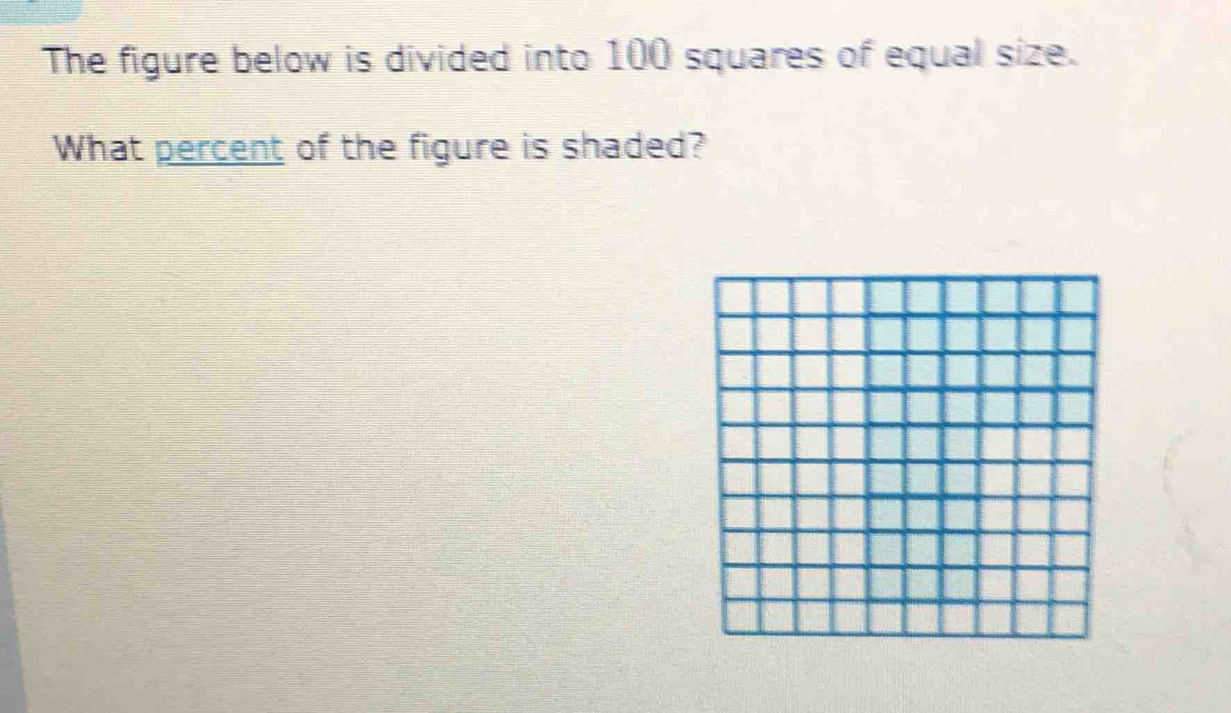 the figure below is divided into 100 squares of equal size.\nwhat percent of the figure is shaded?