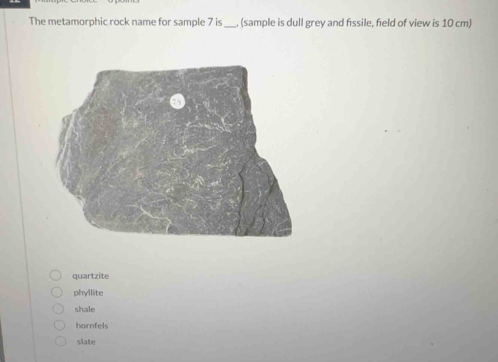 the metamorphic rock name for sample 7 is __, (sample is dull grey and fissile, field of view is 10 cm)\nquartzite\nphyllite\nshale\nhornfels\nslate
