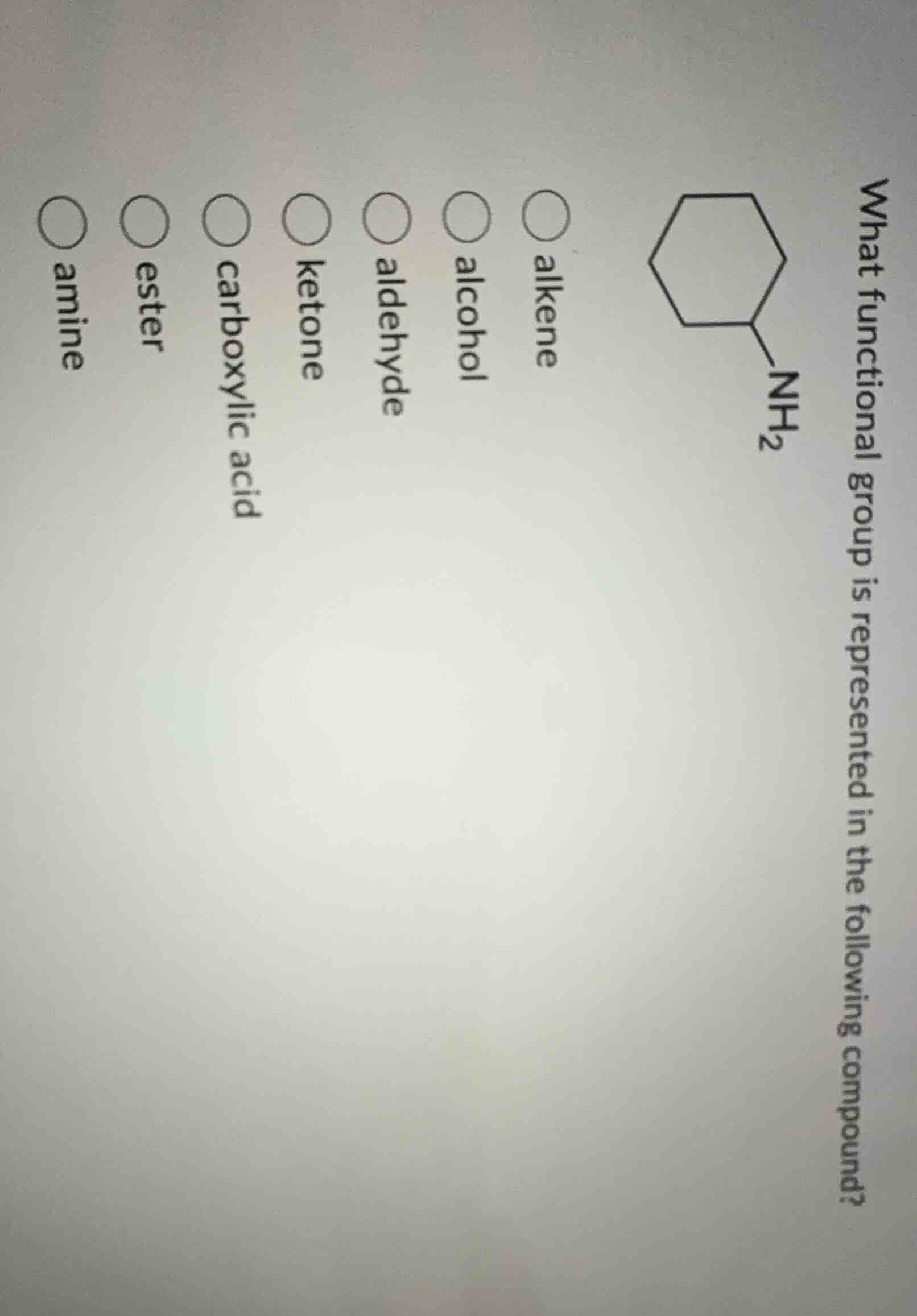 what functional group is represented in the following compound?○ alkene○ alcohol○ aldehyde○ ketone○ carboxylic acid○ ester○ amine