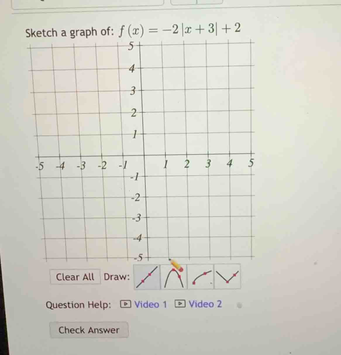 sketch a graph of: $f(x) = -2|x + 3| + 2$\nclear all draw:\nquestion help: video 1 video 2\ncheck answer