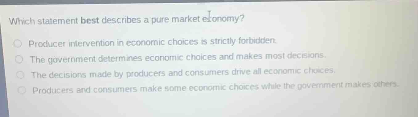 which statement best describes a pure market economy?○ producer intervention in economic choices is strictly forbidden.○ the government determines economic choices and makes most decisions.○ the decisions made by producers and consumers drive all economic choices.○ producers and consumers make some economic choices while the government makes others.