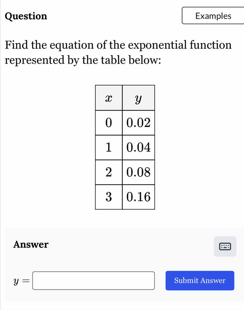 question\nfind the equation of the exponential function represented by the table below:\n\nanswer\ny =