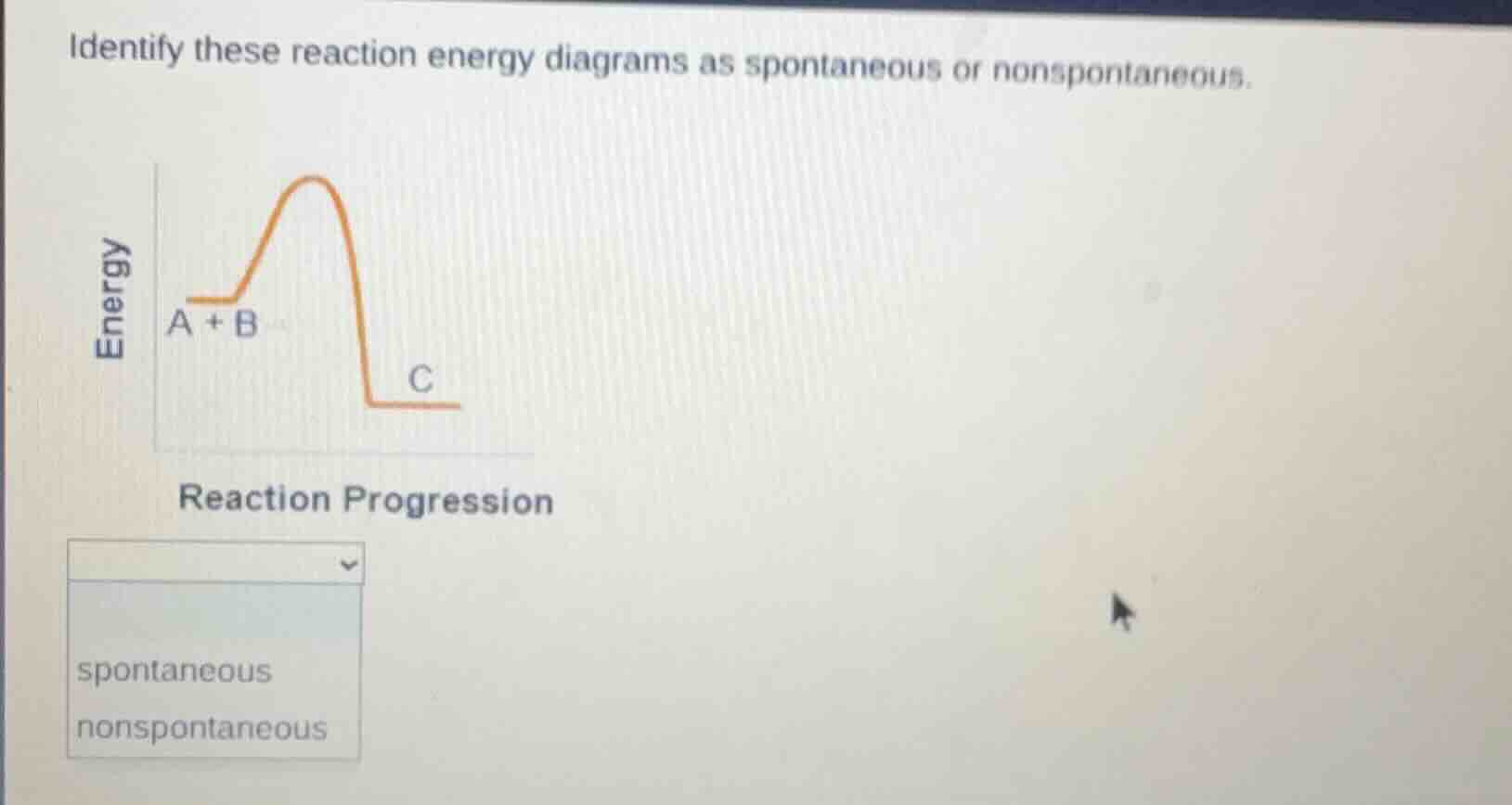 identify these reaction energy diagrams as spontaneous or nonspontaneous.\nspontaneous\nnonspontaneous