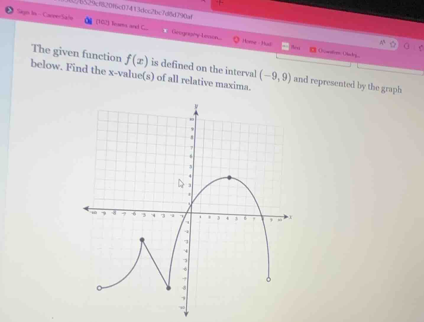 the given function $f(x)$ is defined on the interval $(-9, 9)$ and represented by the graph below. find the x-value(s) of all relative maxima.