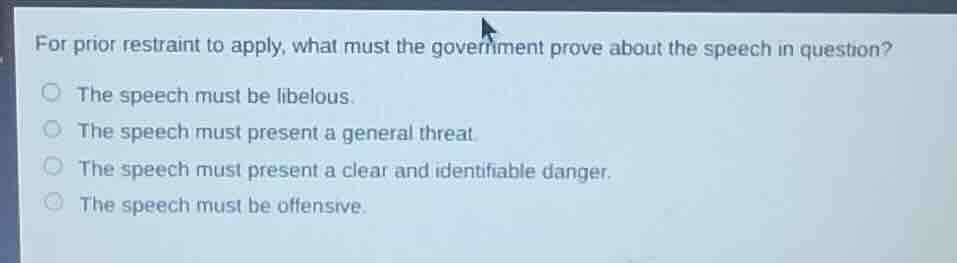 for prior restraint to apply, what must the government prove about the speech in question?○ the speech must be libelous.○ the speech must present a general threat.○ the speech must present a clear and identifiable danger.○ the speech must be offensive.