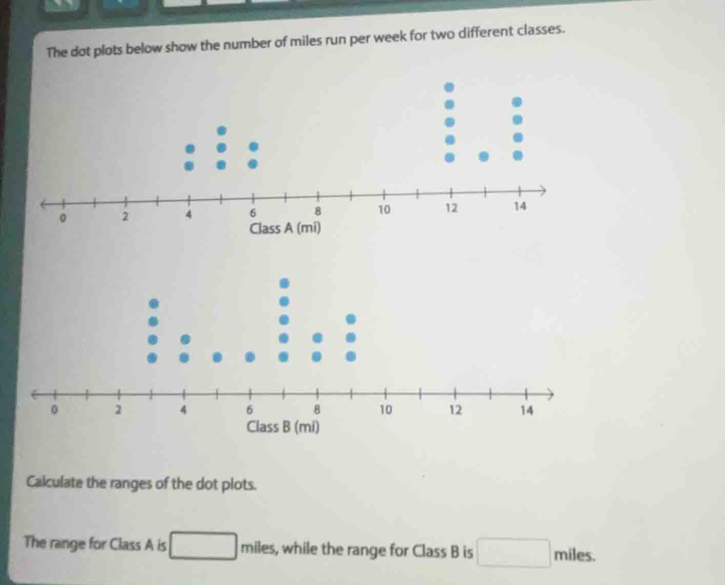 the dot plots below show the number of miles run per week for two different classes.\nclass a (mi)\nclass b (mi)\ncalculate the ranges of the dot plots.\nthe range for class a is miles, while the range for class b is miles.
