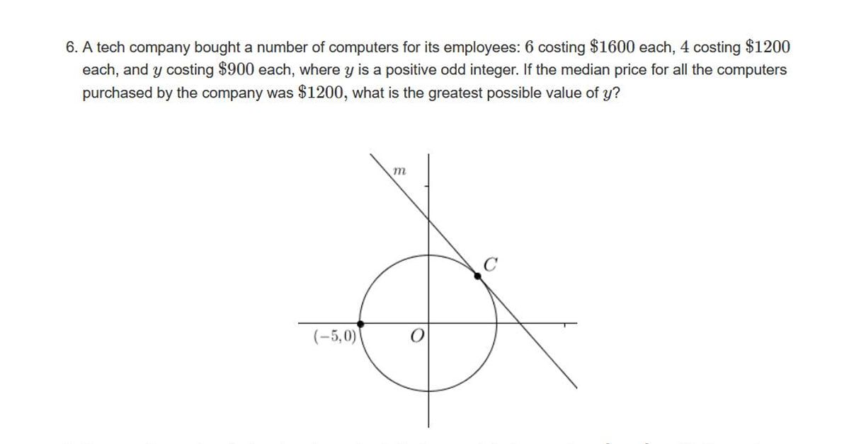 6. a tech company bought a number of computers for its employees: 6 costing $1600 each, 4 costing $1200 each, and $y$ costing $900 each, where $y$ is a positive odd integer. if the median price for all the computers purchased by the company was $1200, what is the greatest possible value of $y$?