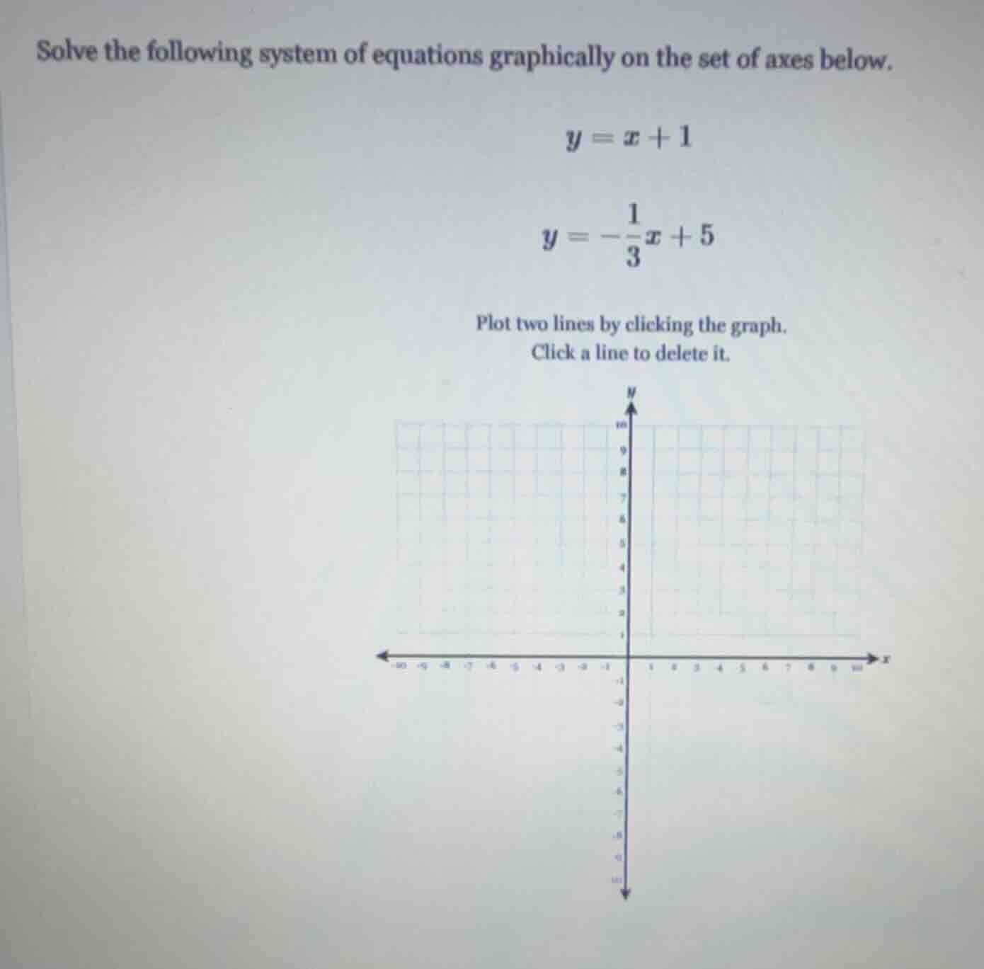 solve the following system of equations graphically on the set of axes below.$y = x + 1$$y = -\frac{1}{3}x + 5$plot two lines by clicking the graph.click a line to delete it.
