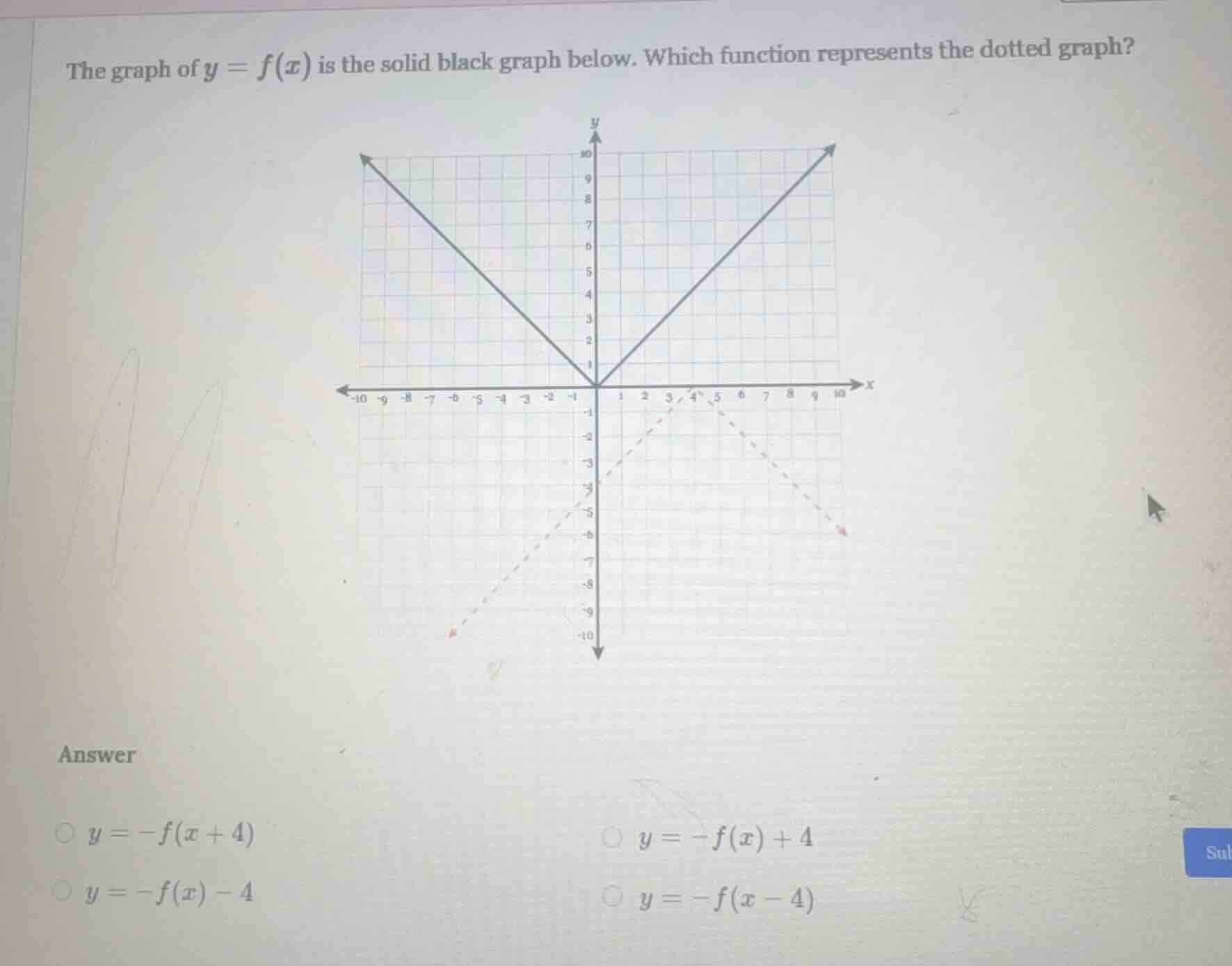 the graph of $y = f(x)$ is the solid black graph below. which function represents the dotted graph?\nanswer\n$y = -f(x + 4)$\n$y = -f(x) + 4$\n$y = -f(x) - 4$\n$y = -f(x - 4)$
