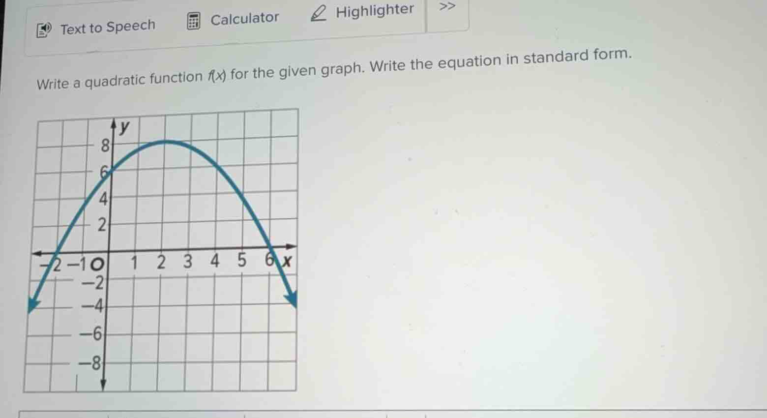 write a quadratic function $f(x)$ for the given graph. write the equation in standard form.
