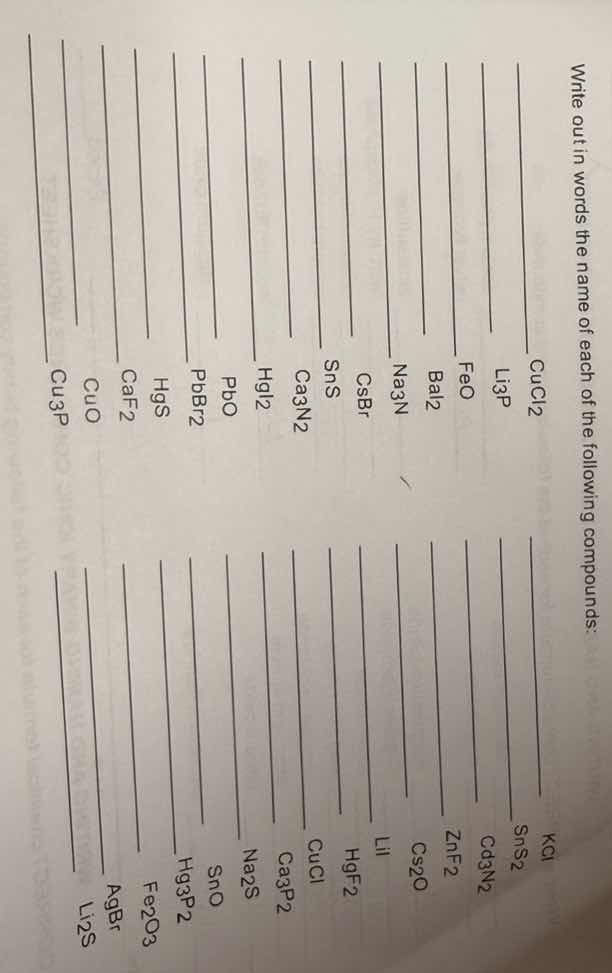write out in words the name of each of the following compounds:\ncucl2\nli3p\nfeo\nbai2\nna3n\ncsbr\nsns\nca3n2\nhgi2\npbo\npbbr2\nhgs\ncaf2\ncuo\ncu3p\nkcl\nsns2\ncd3n2\nznf2\ncs2o\nlii\nhgf2\ncucl\nca3p2\nna2s\nsno\nhg3p2\nfe2o3\nagbr\nli2s